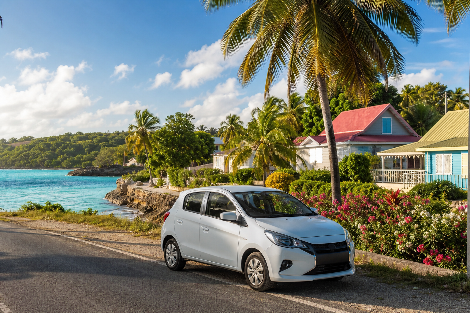 Voiture de location sur une route côtière à Marie-Galante