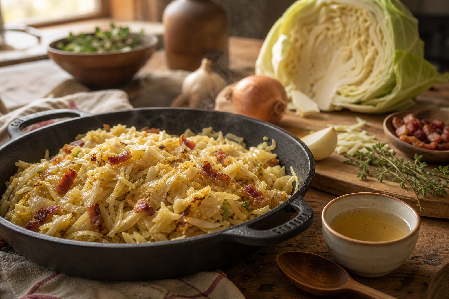 Poêlée de chou blanc : utiliser les lardons et le bouillon comme repère, pas comme unique recette