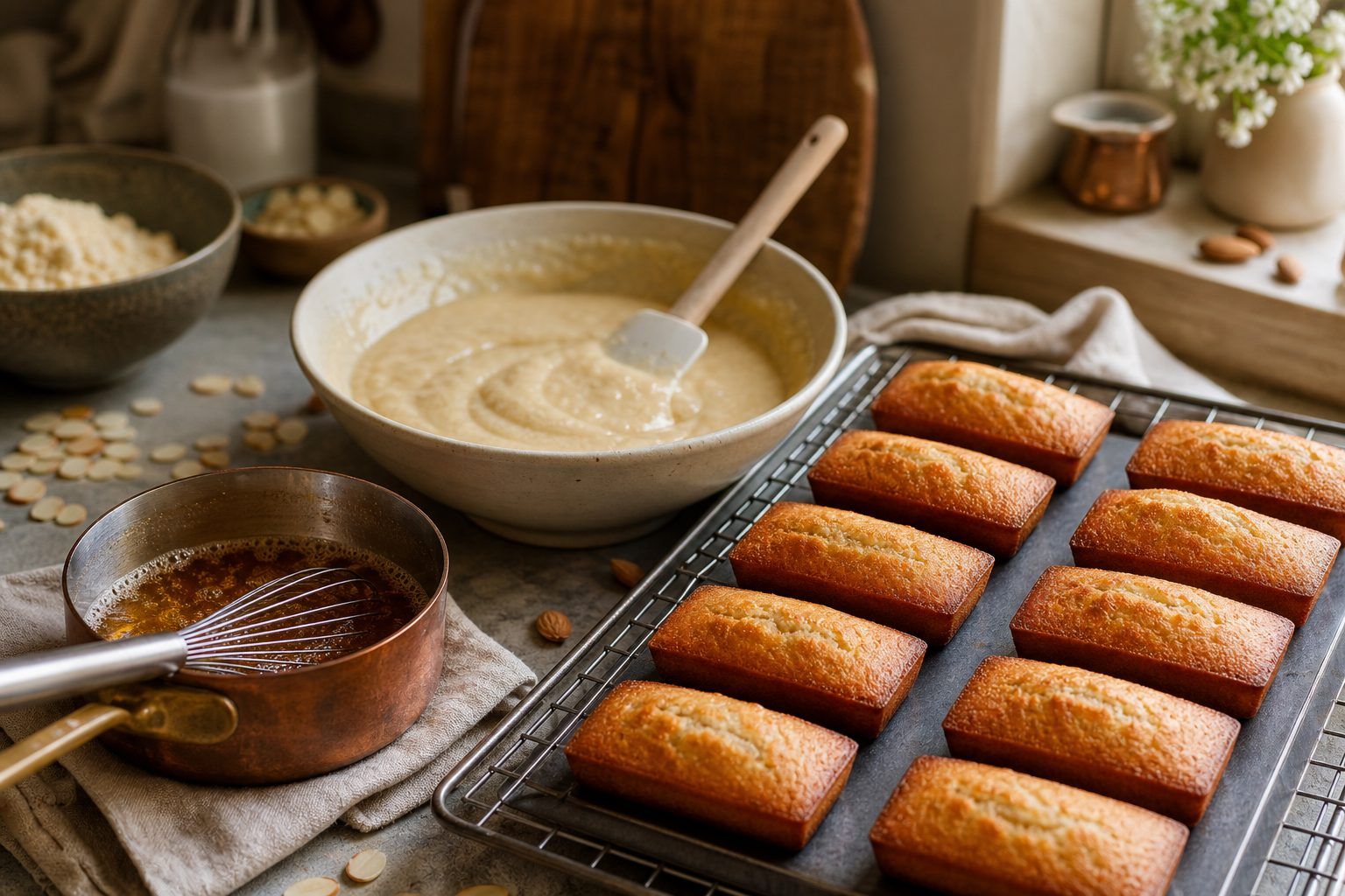 Préparation des financiers : beurre noisette, pâte et cuisson