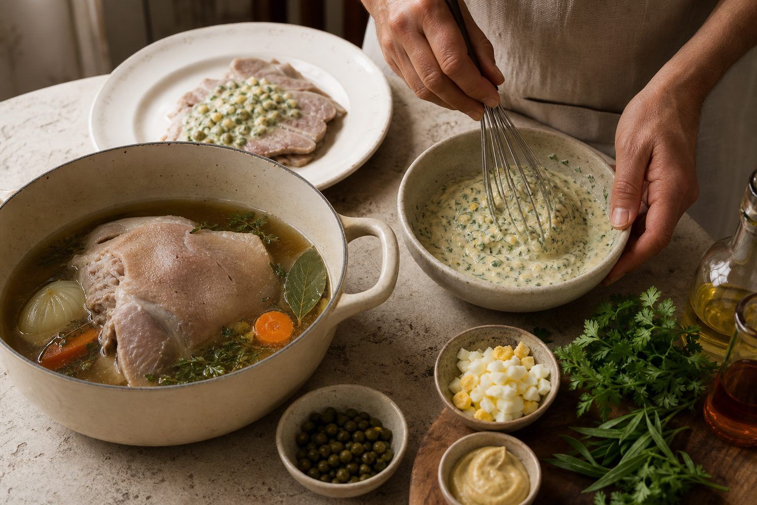 Préparation : pocher la tête de veau et monter la sauce sans la rater